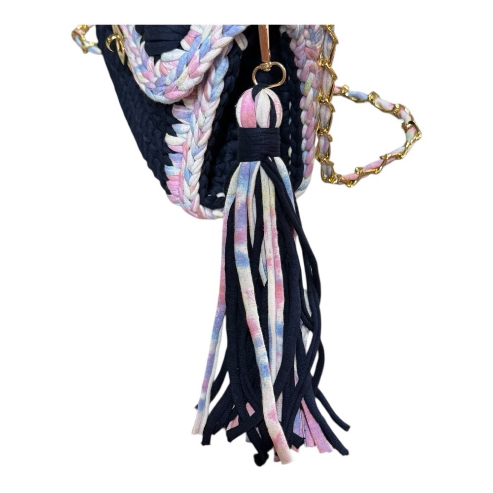 New Handwoven Chunky Knit Crochet Bag Navy Pastel Crossbody Purse with Tassel - Picture 7 of 9